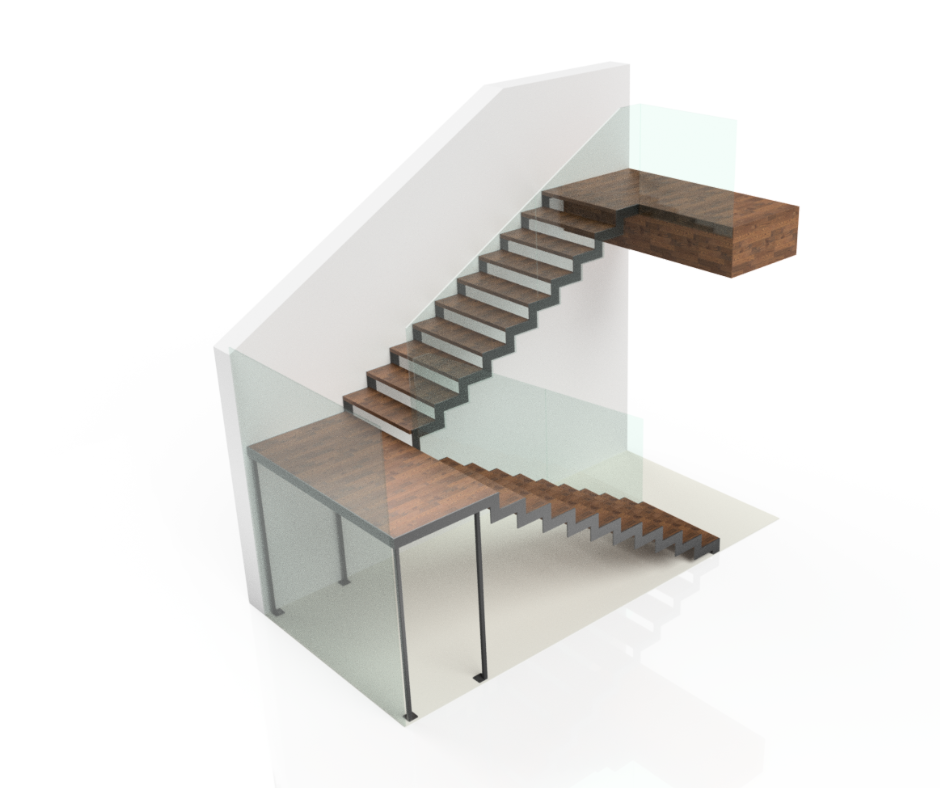 Schody dwubiegowe ze spocznikiem i szklaną balustradą