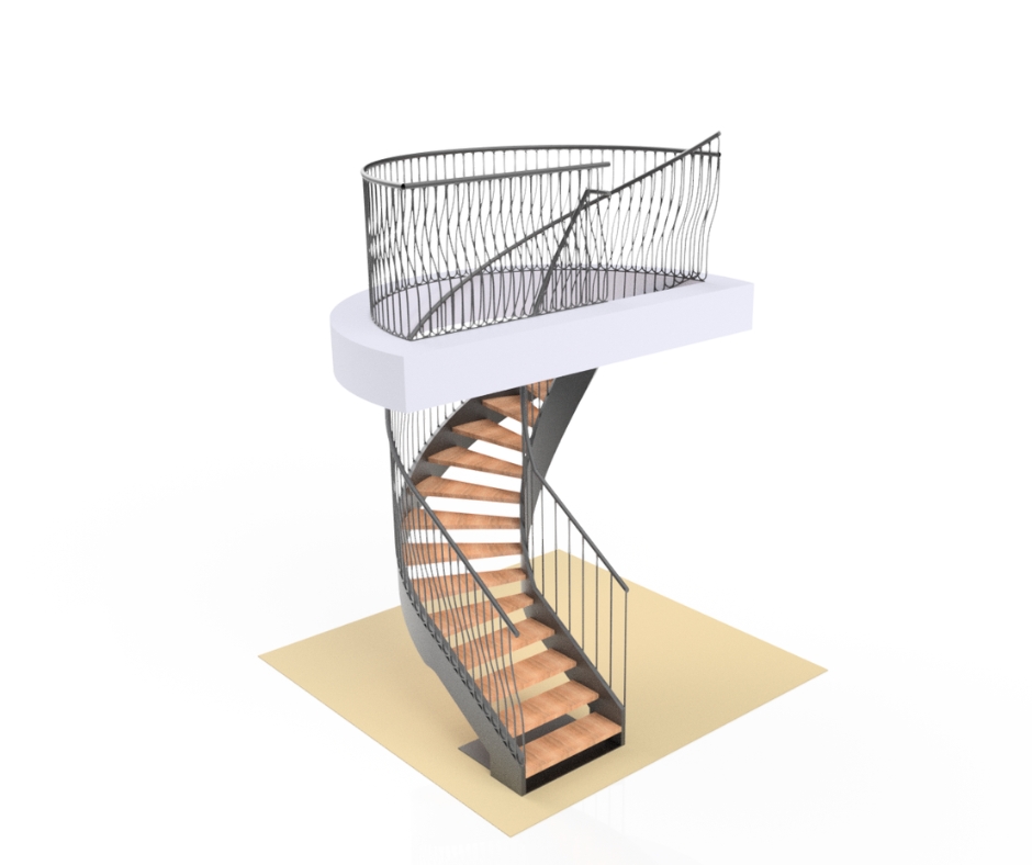 Schody wachlarzowe z metalową balustradą