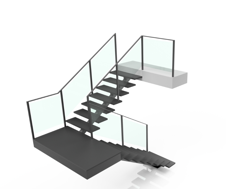 Schody z podestem, schody ze spocznikiem, szklana balustrada loftowe