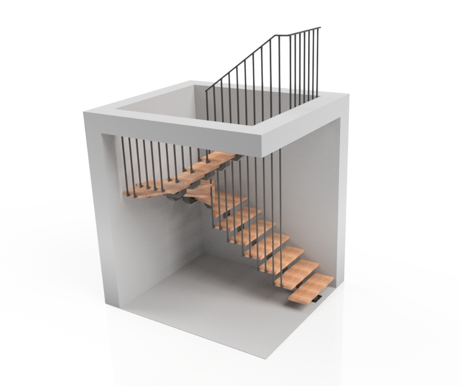 schody zabiegowe, balustrada typu harfa