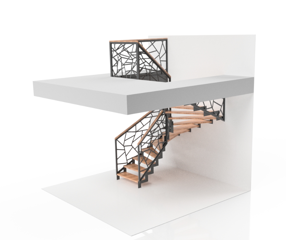 Schody zabiegowe bez podstopnic z metalową wangą