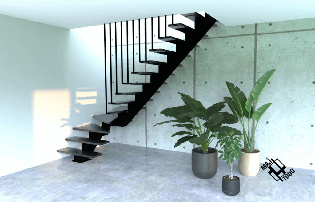 Schody nowoczesne metalowe na belce centralnej z balustradą typu harfa