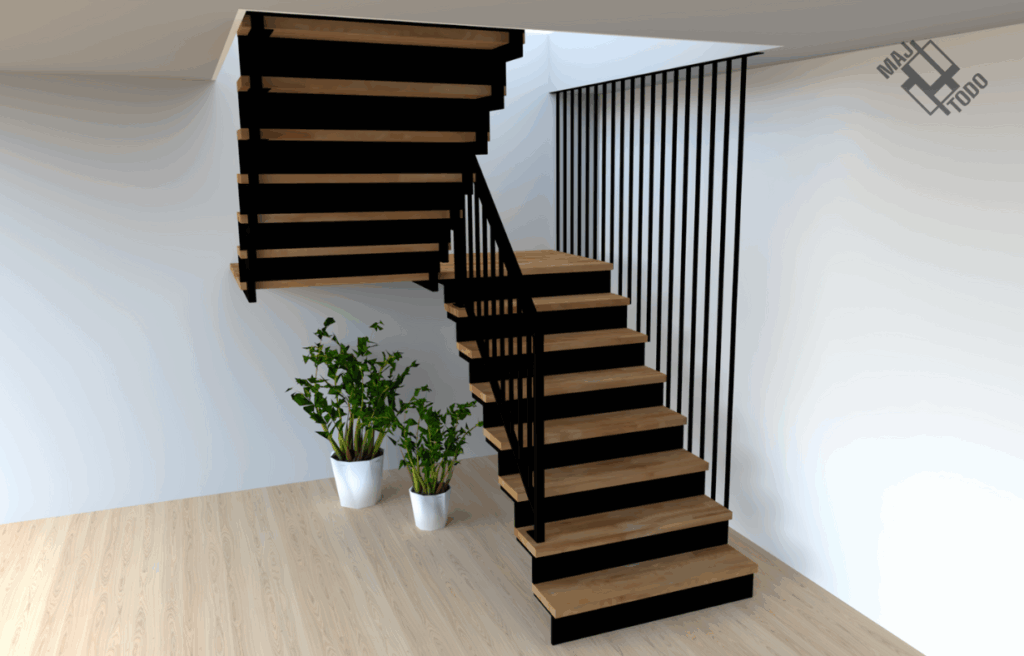 Schody dwubiegowe ze spocznikiem i drewnianymi stopniami wraz z podstopnicami.